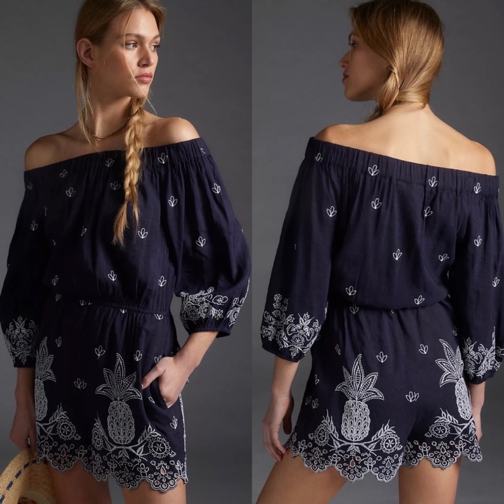 Farm Rio Jackie navy embroidered eyelet off the shoulder romper linen blend